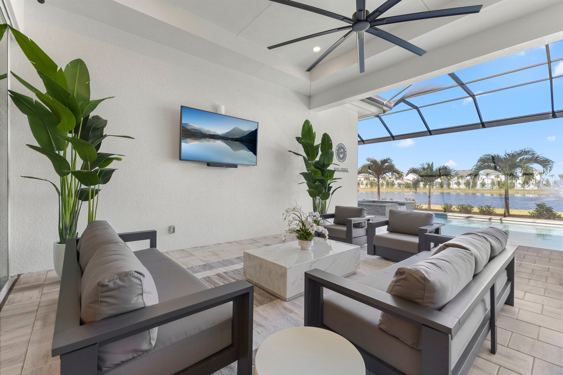 Covered lanai lounge with lake views and pool